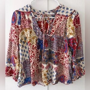 Zara Boho Paisley Floral Patchwork Bell 3/4 Sleeve Blouse tie neck 3/4 Sz S